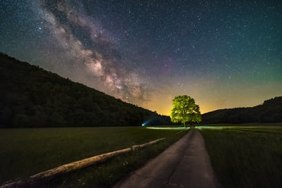 星夜下公路旁的绿草田